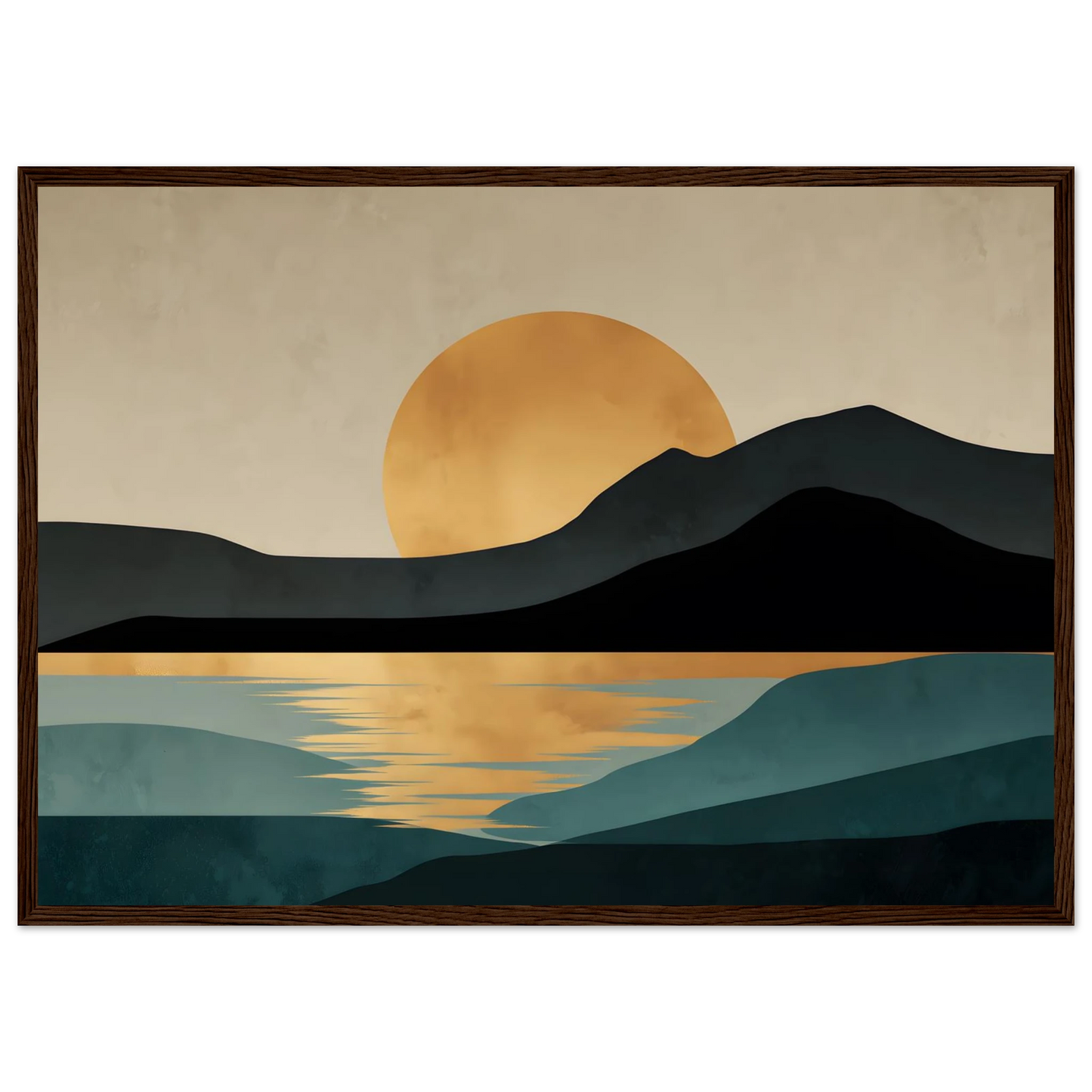 Teal and gold minimalist landscape poster in a dark wood frame
