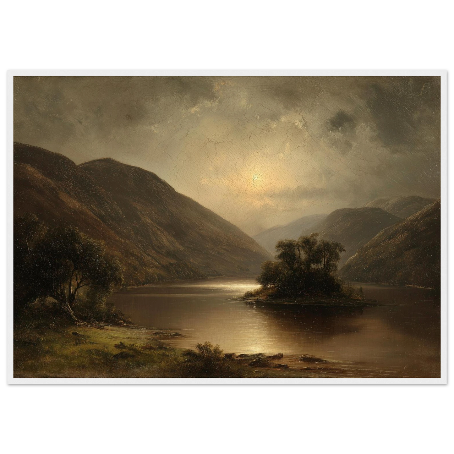 Vintage style oil painting of a moonlit loch, in a dark frame