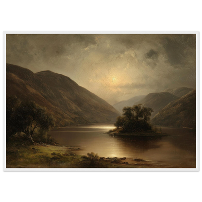 Vintage style oil painting of a moonlit loch, in a dark frame