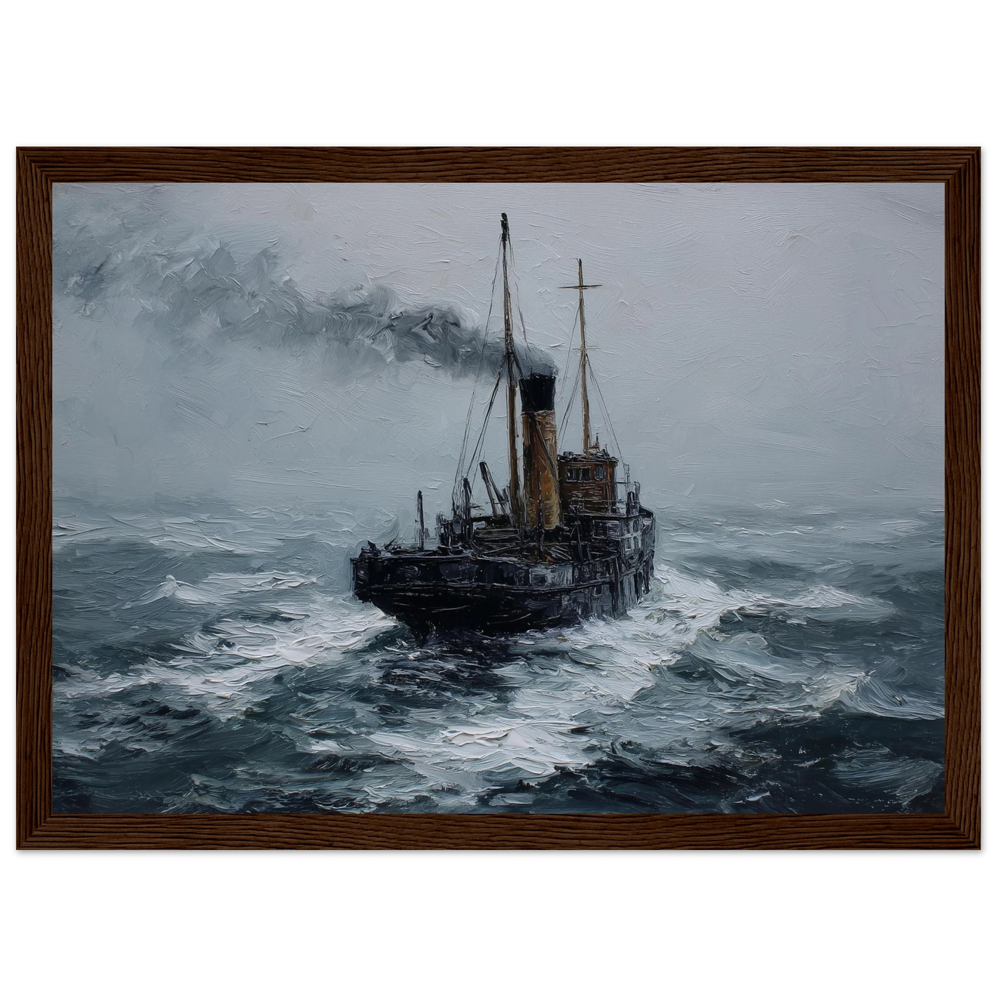 Clyde puffer in heavy weather, framed in dark brown wood