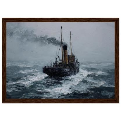 Clyde puffer in heavy weather, framed in dark brown wood