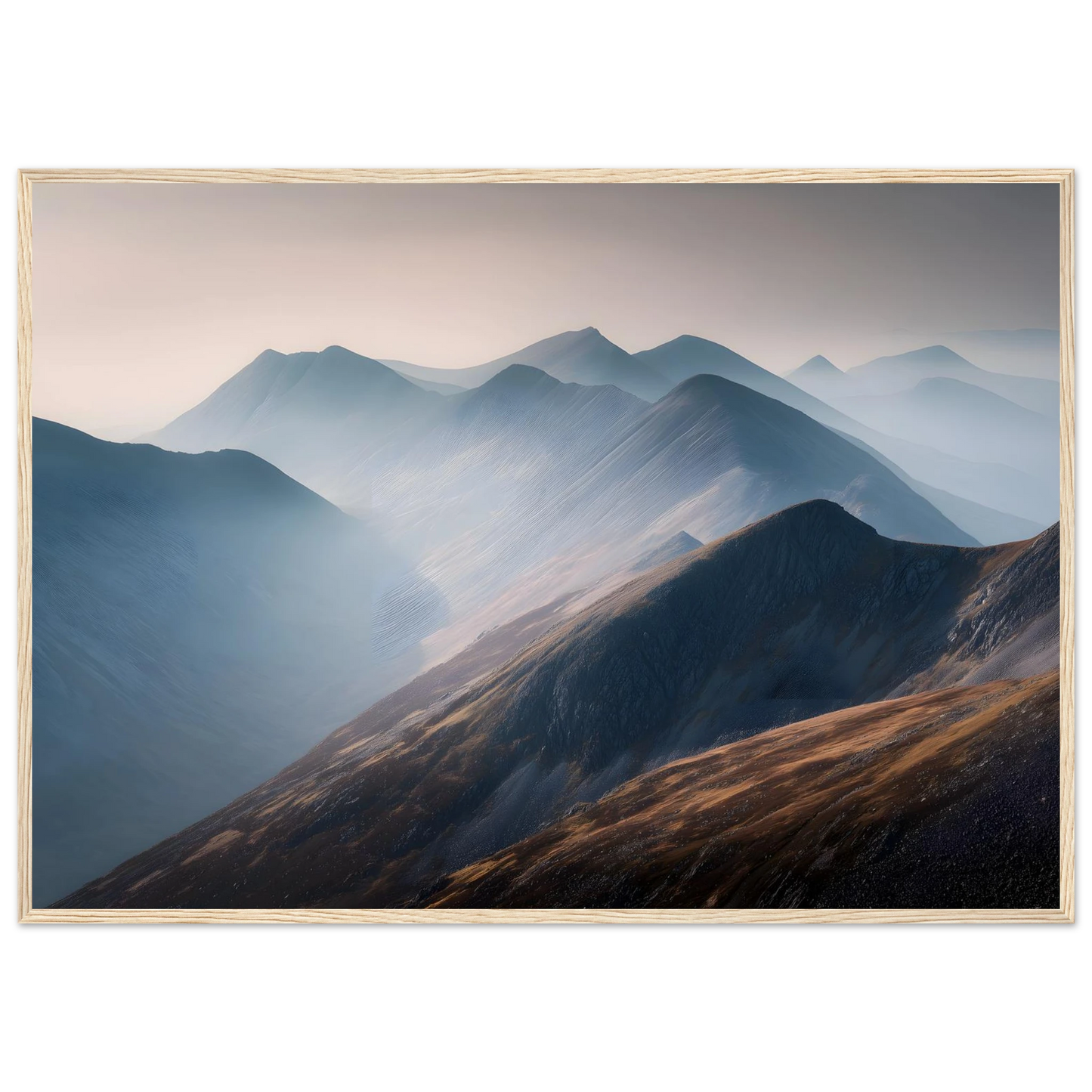 Misty Scottish mountain ridges print in a light oak frame, blue and copper tones