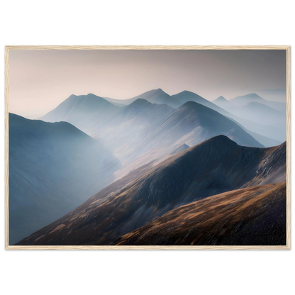 Misty Scottish mountain ridges print in a light oak frame, blue and copper tones