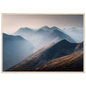 Misty Scottish mountain ridges print in a light oak frame, blue and copper tones