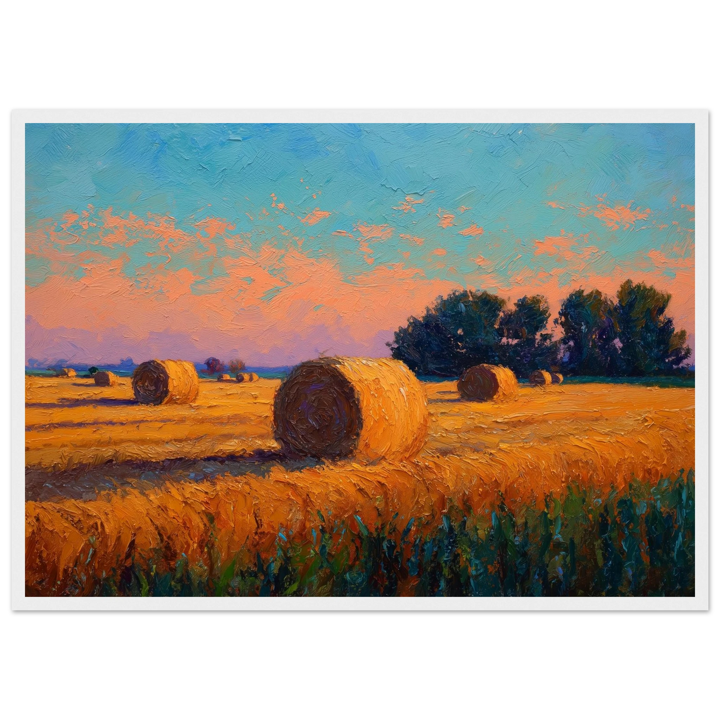 Cut field and bales at golden hour, framed in white with a slim mount