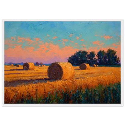 Cut field and bales at golden hour, framed in white with a slim mount