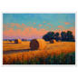Cut field and bales at golden hour, framed in white with a slim mount