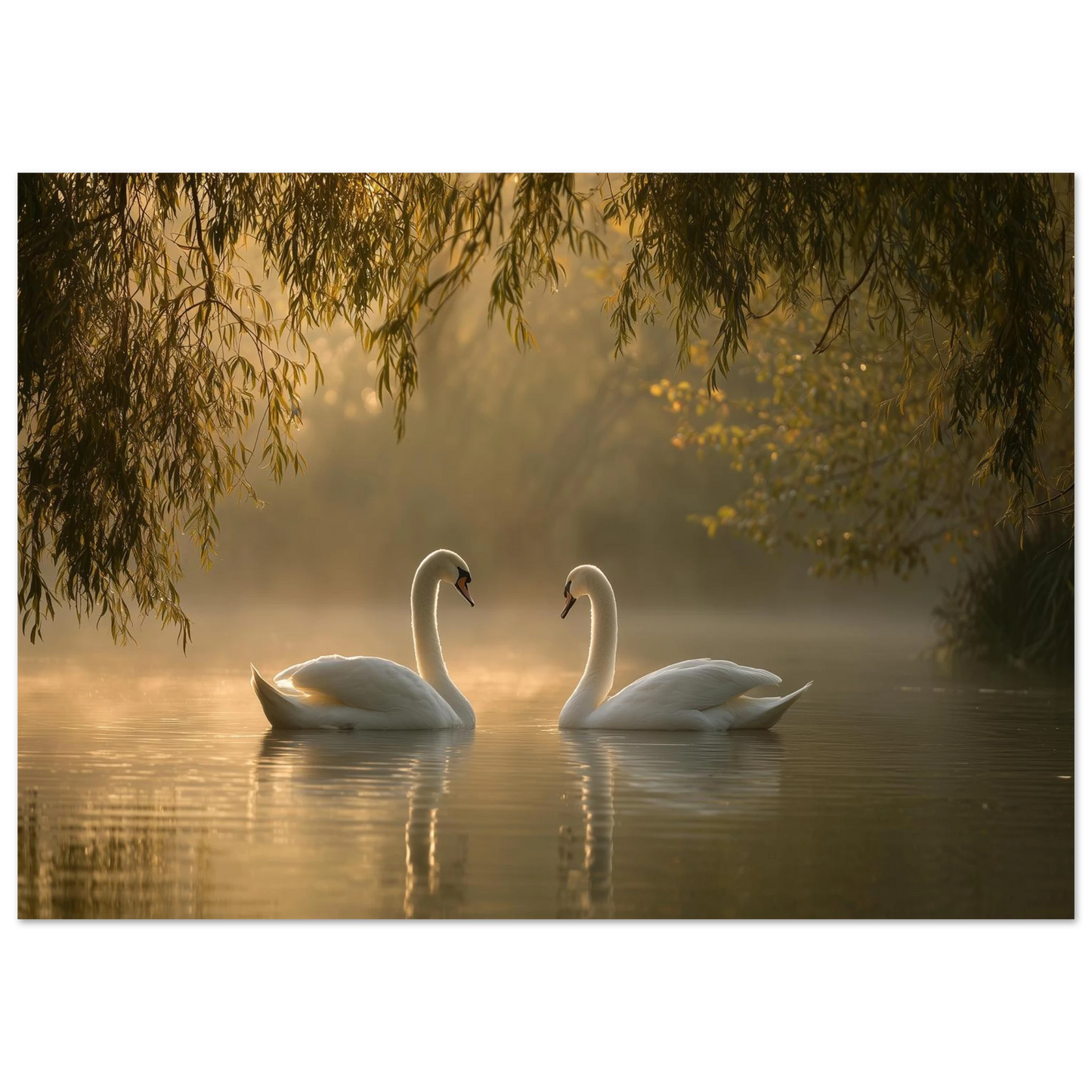 Two mute swans facing each other on a misty lake in golden morning light, unframed print