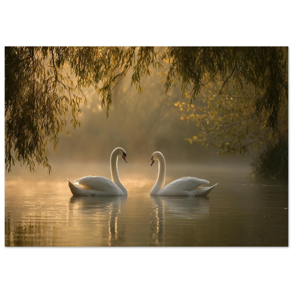 Two mute swans facing each other on a misty lake in golden morning light, unframed print