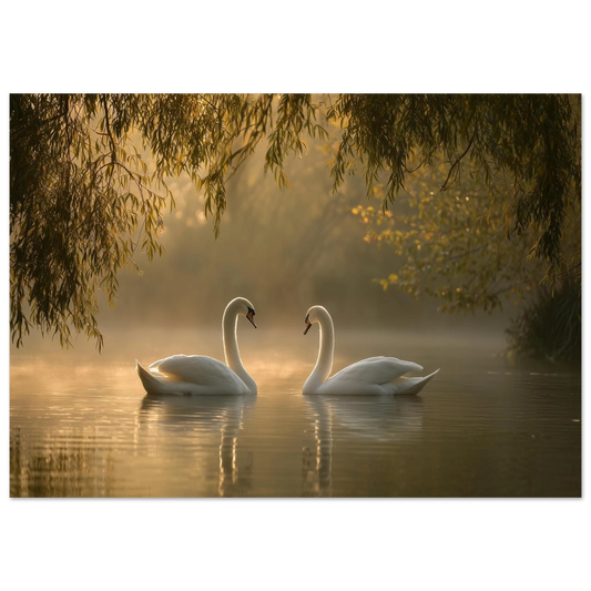 Two mute swans facing each other on a misty lake in golden morning light, unframed print