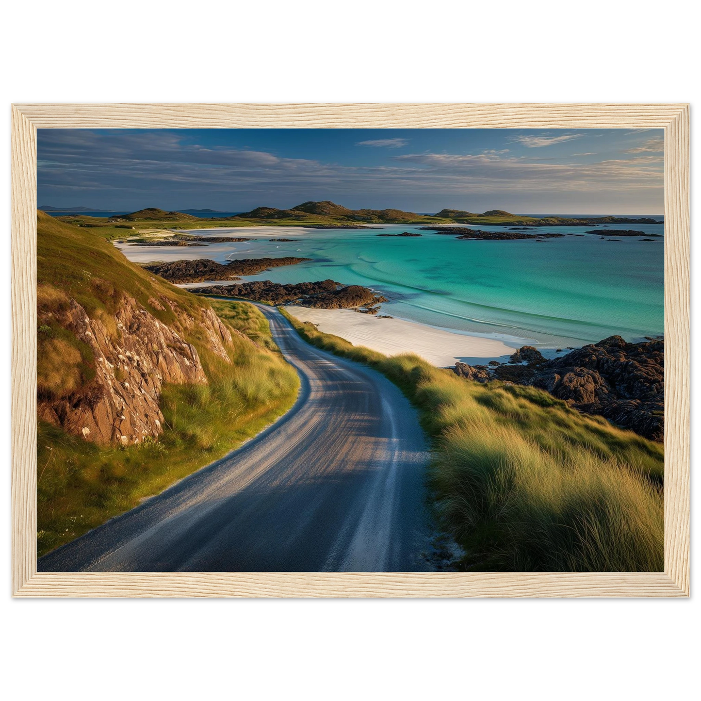 Hebridean coast road above white shell sand, framed in pale oak