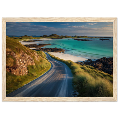 Hebridean coast road above white shell sand, framed in pale oak