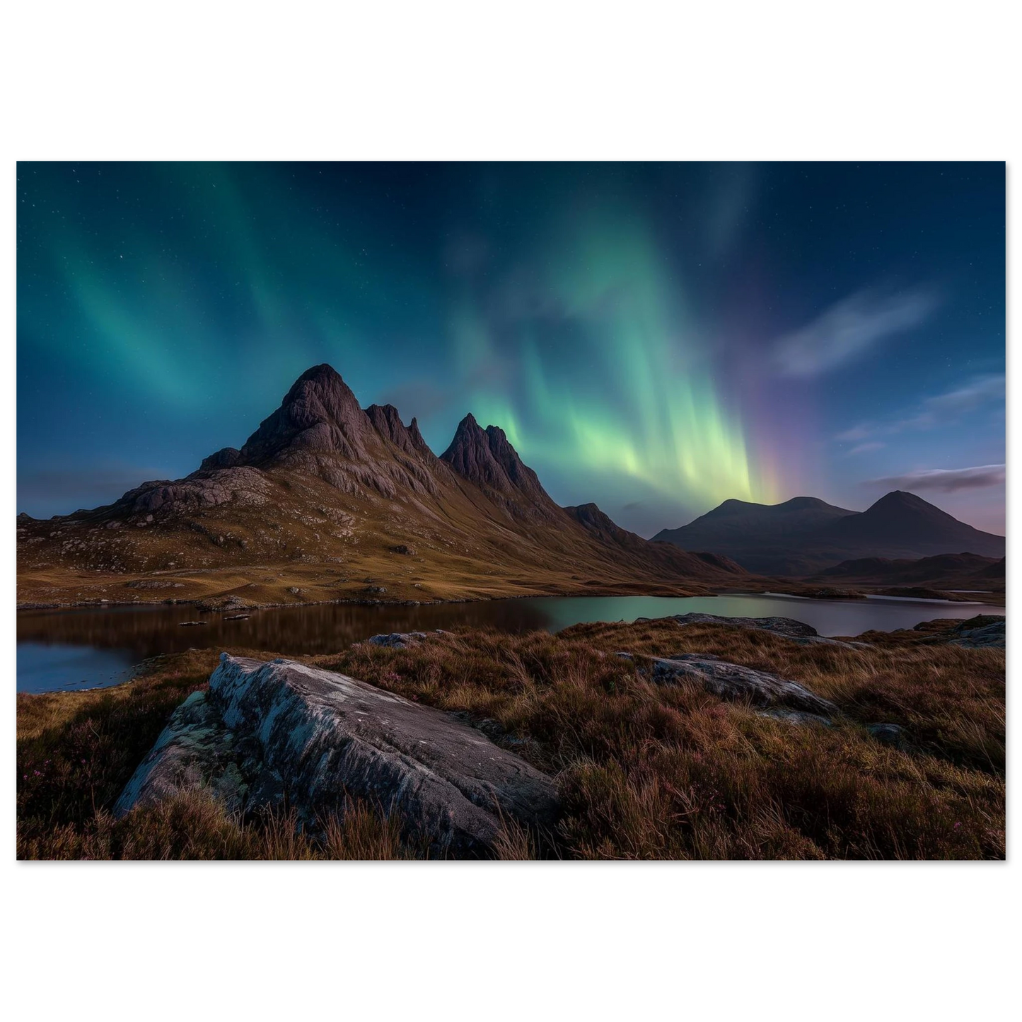 Mirrie Dancers over a jagged Scottish peak, print in a slim dark frame