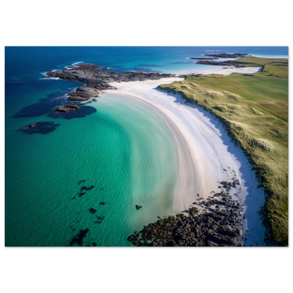 White sand beach and turquoise sea from above, print in a slim dark frame