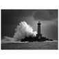 Wave exploding against a stone lighthouse, monochrome print in a dark frame