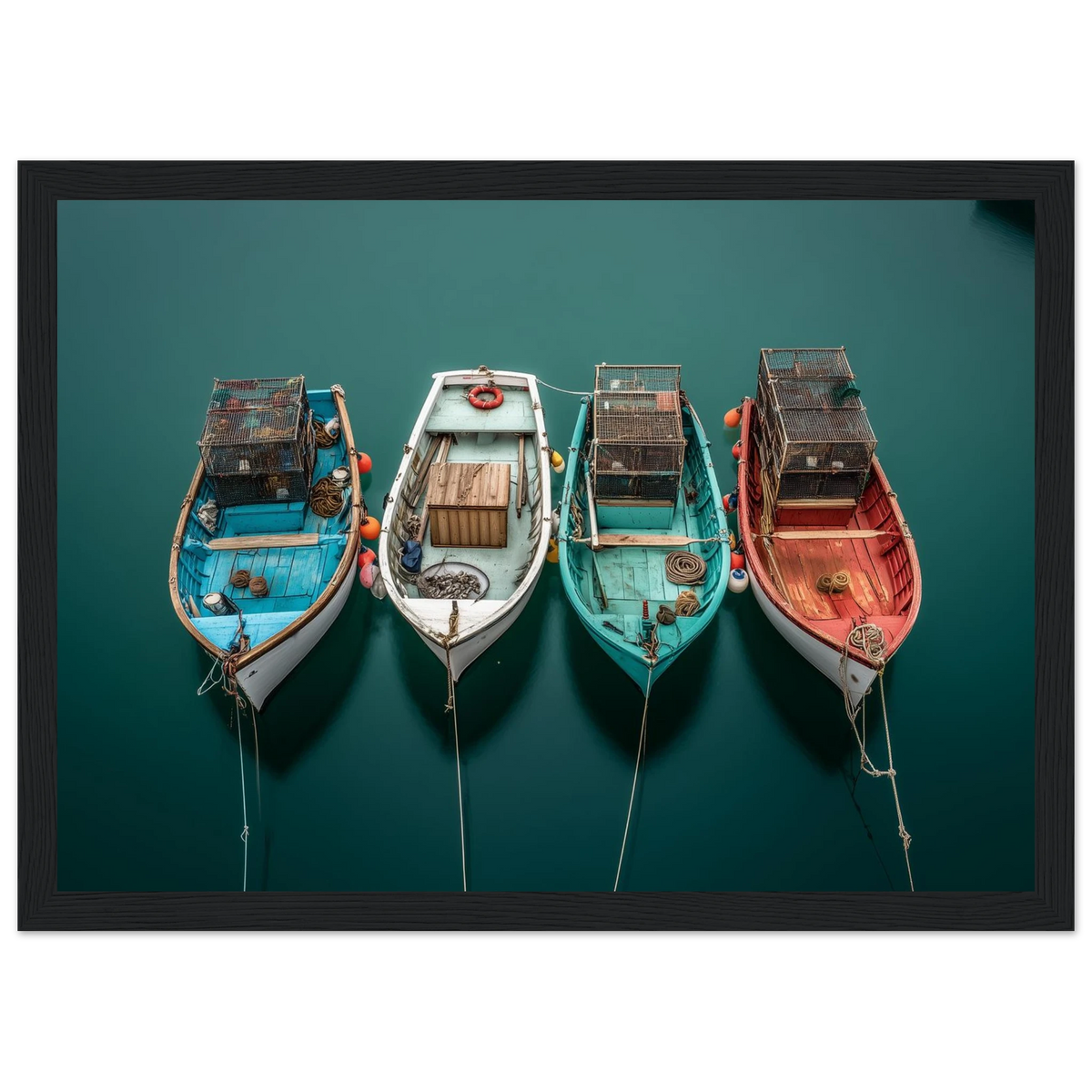Coloured fishing boat hulls on flat water, framed in dark grey