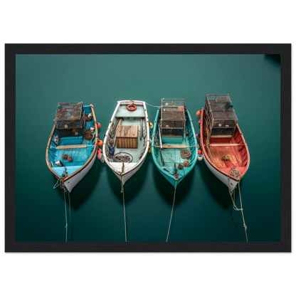 Coloured fishing boat hulls on flat water, framed in dark grey