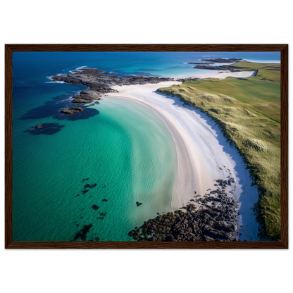 Aerial beach view with submerged rocks in clear water, framed in dark brown wood