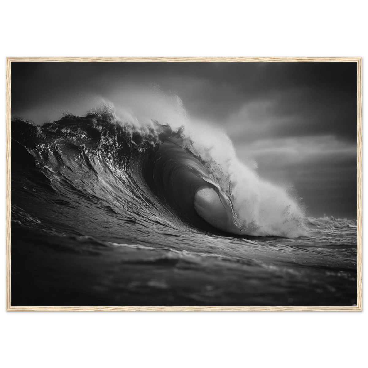Curling wave with spray lifting from the crest, framed in pale oak