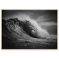 Curling wave with spray lifting from the crest, framed in pale oak