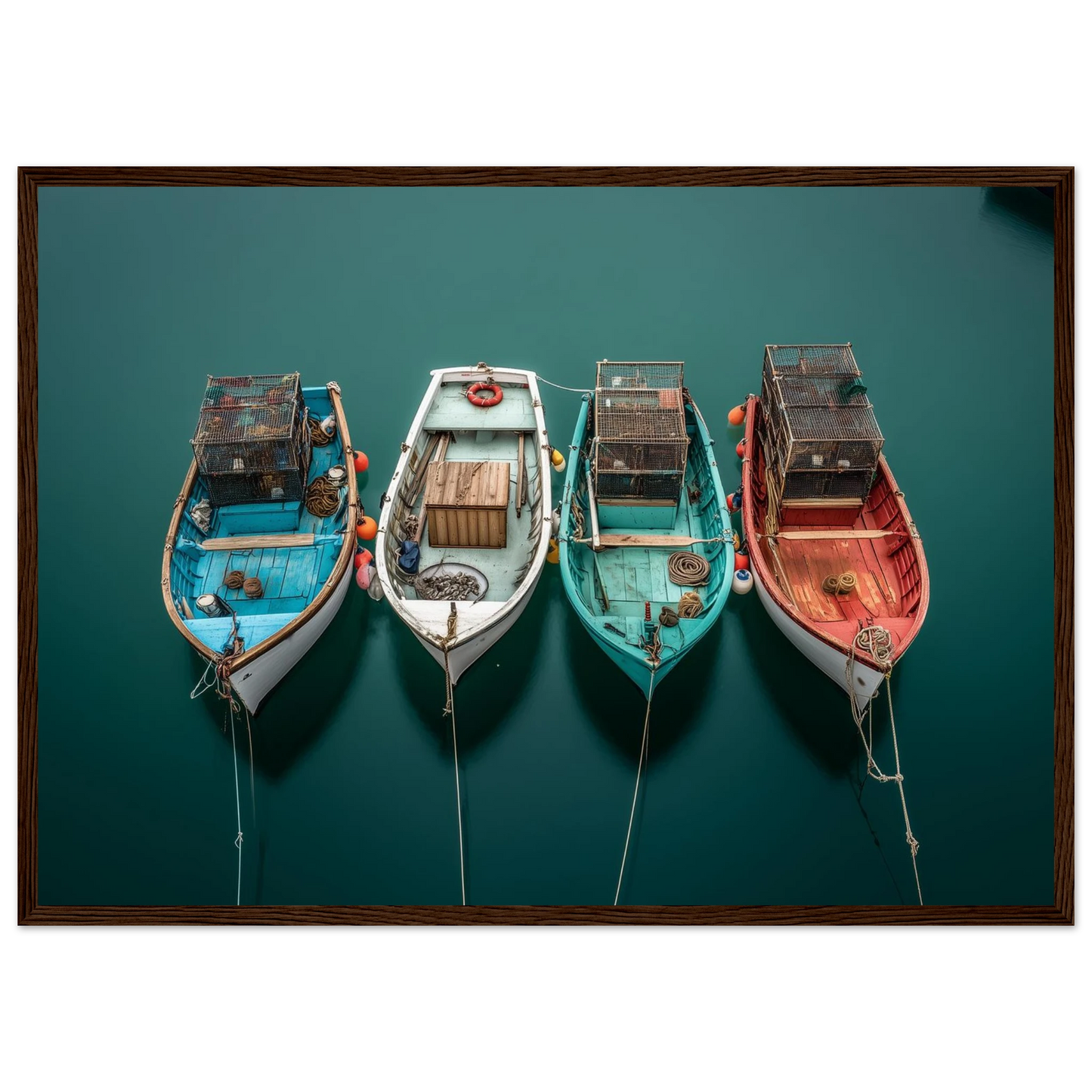 Overhead view of four boats on teal water, framed in warm dark wood