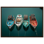 Overhead view of four boats on teal water, framed in warm dark wood