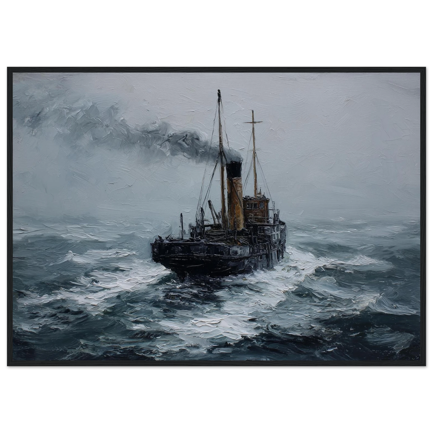 Dark maritime oil painting of a steam puffer, framed in charcoal