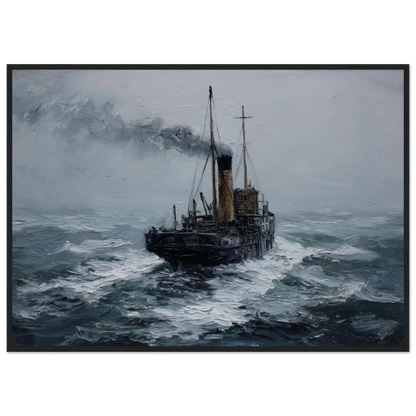 Dark maritime oil painting of a steam puffer, framed in charcoal