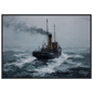 Dark maritime oil painting of a steam puffer, framed in charcoal