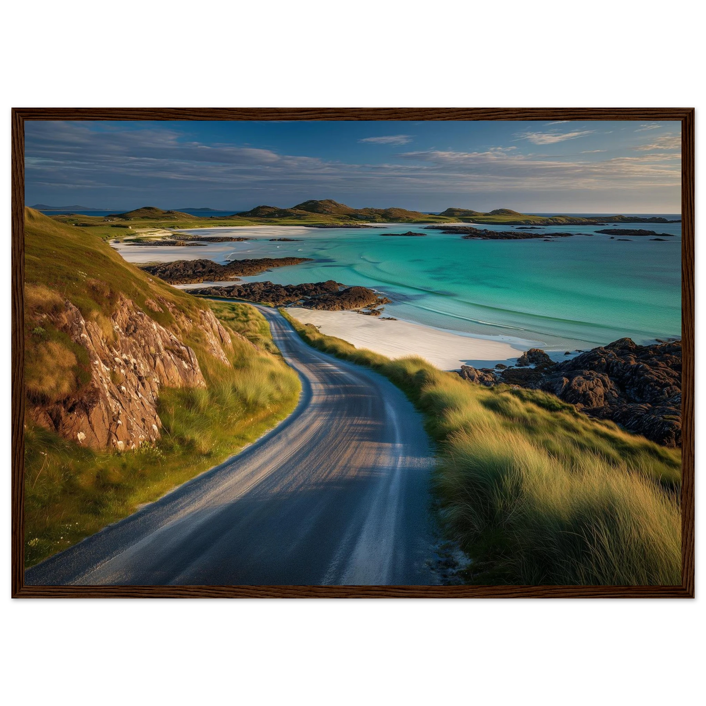 Hebridean beach road in low sunlight, in a dark brown wood frame