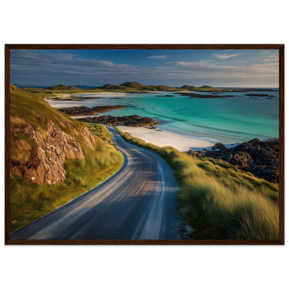 Hebridean beach road in low sunlight, in a dark brown wood frame