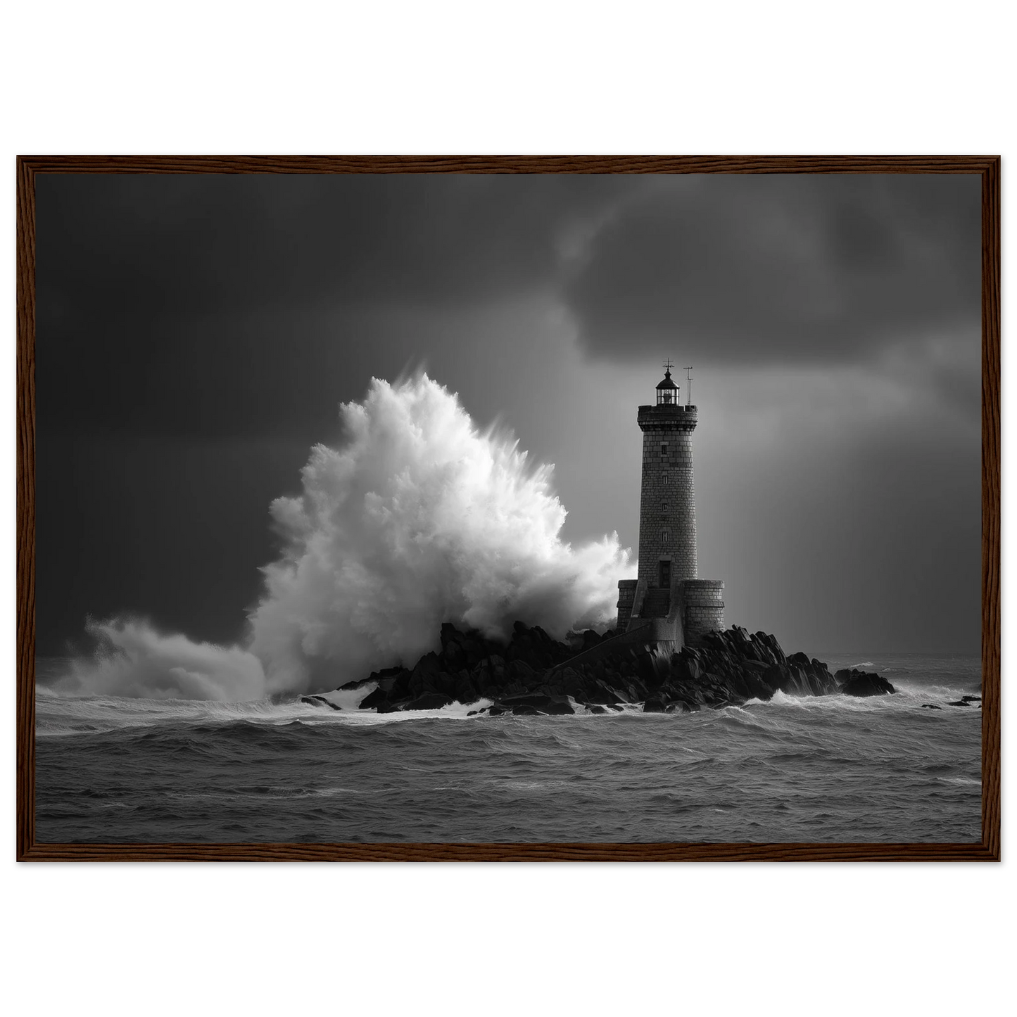 Storm spray at a stone lighthouse, print in a warm dark wood frame