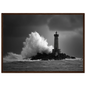 Storm spray at a stone lighthouse, print in a warm dark wood frame