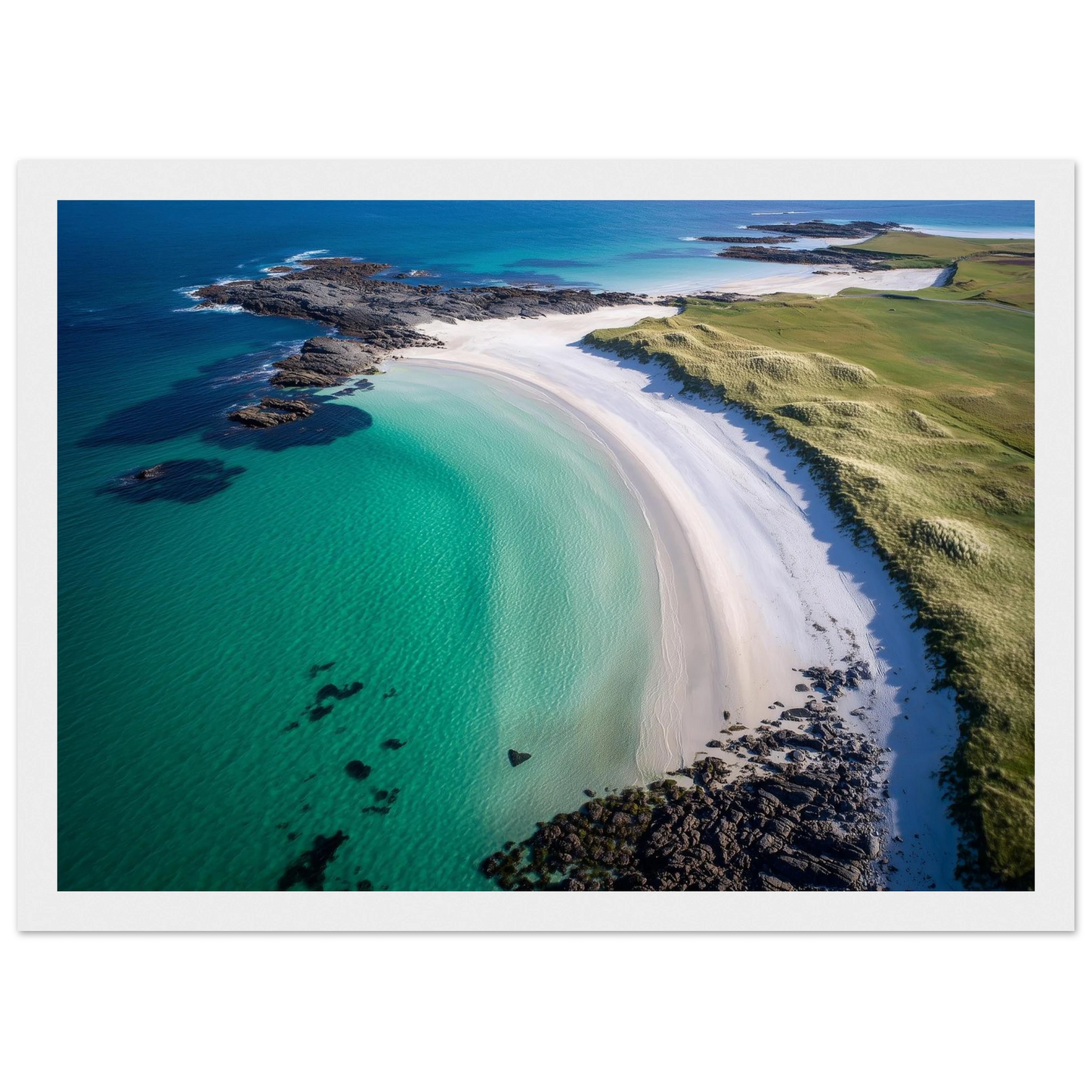Hebridean shore with jade shallows, framed in white with a wide mount