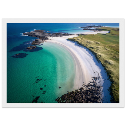 Hebridean shore with jade shallows, framed in white with a wide mount