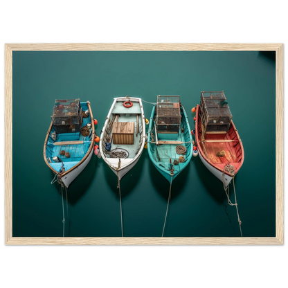 Overhead view of small boats at anchor, framed in light natural wood