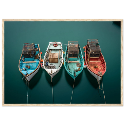 Small working boats from above on teal water, framed in light oak