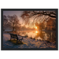 Frosted park lake at winter sunrise with an empty bench on the bank, print in a black frame