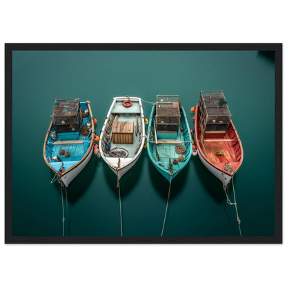 Four coloured boat hulls on still water, framed in dark grey
