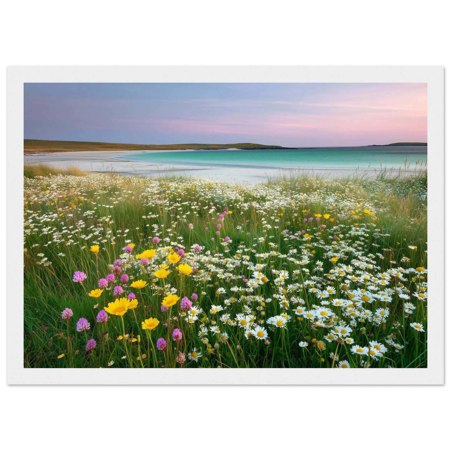 Pastel wildflower meadow and turquoise sea in a white frame with a wide mount