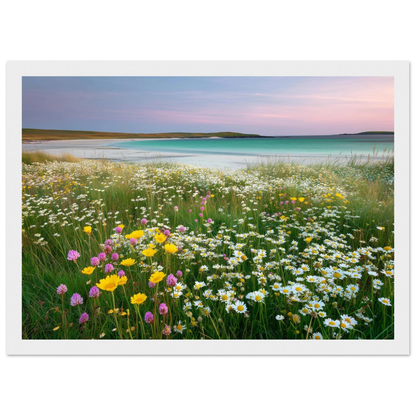 Pastel wildflower meadow and turquoise sea in a white frame with a wide mount