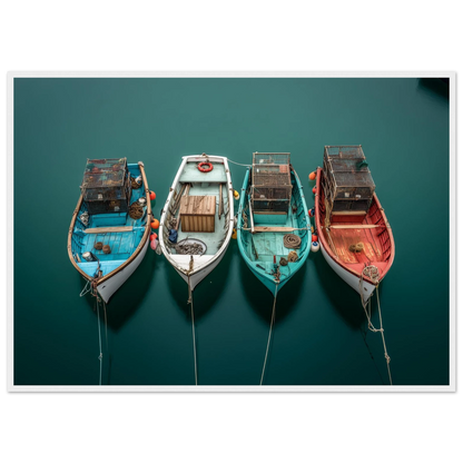 Four painted boats from above on dark green water, print in a white frame