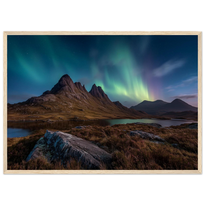 Scottish northern lights night scene, print in a light oak frame
