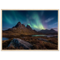 Scottish northern lights night scene, print in a light oak frame