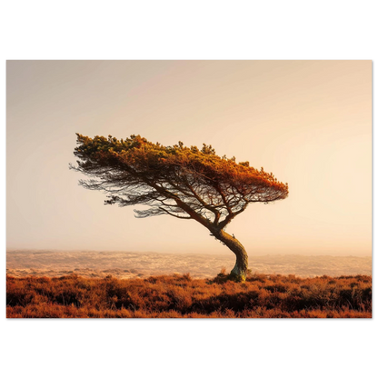 A lone wind-bent pine on open Scottish moorland, its crown swept to one side, rust heather below and hazy amber light behind, in a slim dark frame