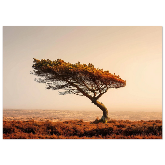 A lone wind-bent pine on open Scottish moorland, its crown swept to one side, rust heather below and hazy amber light behind, in a slim dark frame