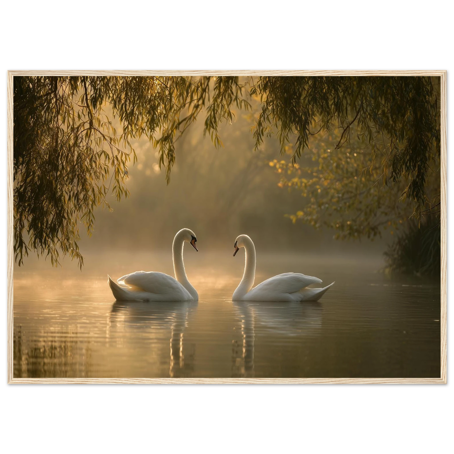 Two mute swans facing each other on a misty lake in golden morning light, print in a natural light wood frame