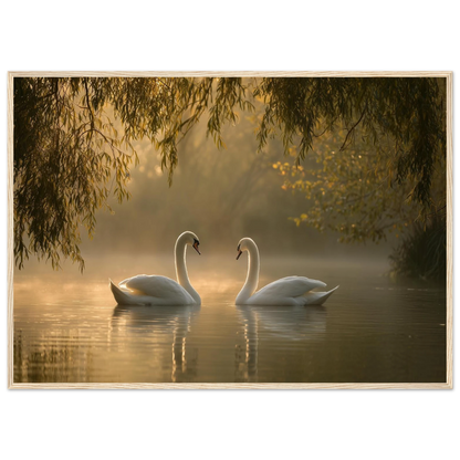 Two mute swans facing each other on a misty lake in golden morning light, print in a natural light wood frame