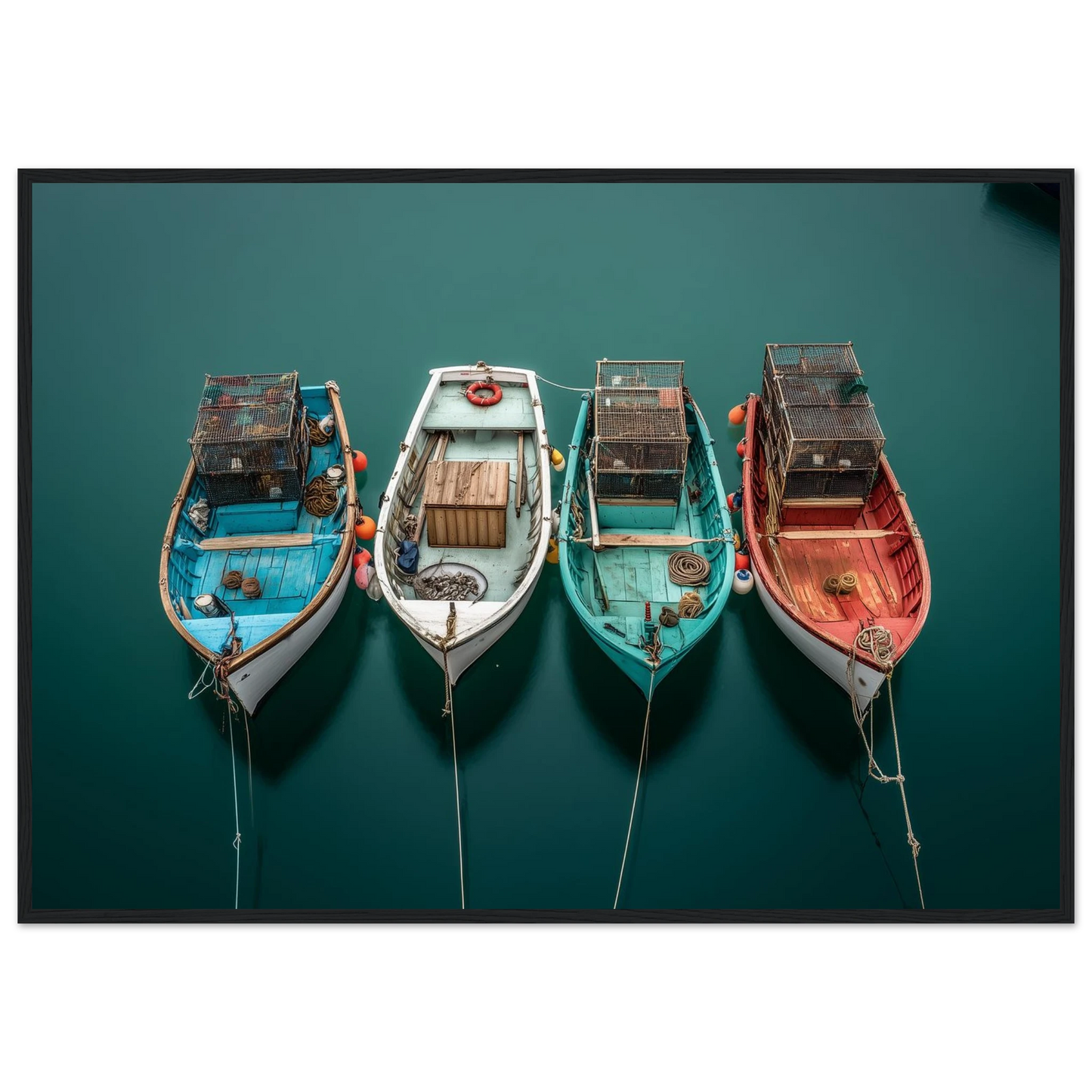 Small fishing boats at their moorings seen from above, print in a dark frame