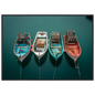 Small fishing boats at their moorings seen from above, print in a dark frame